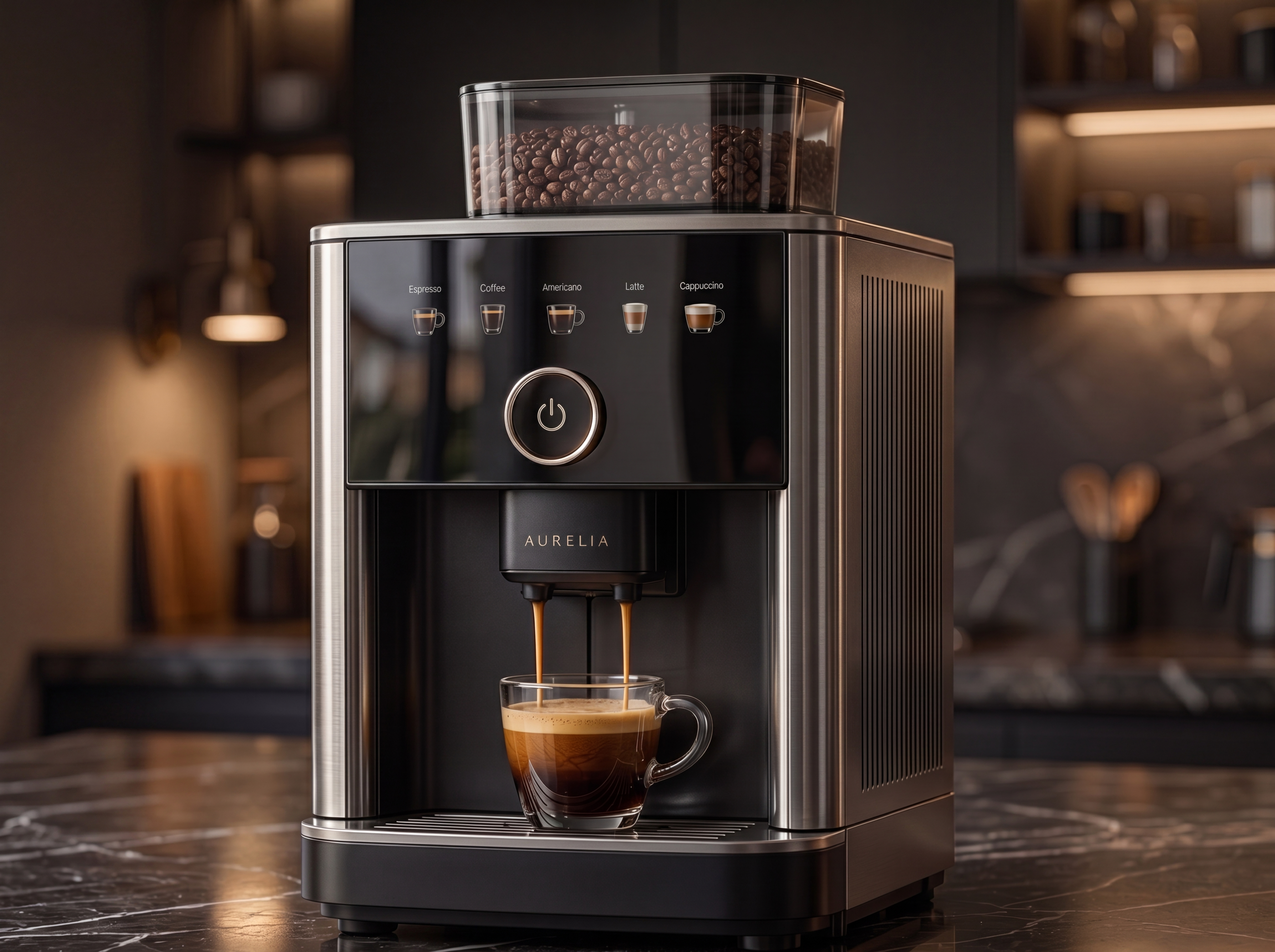 Premium all-in-one espresso machine with integrated bean hopper, coffee pouring into a glass cup, and dark kitchen styling